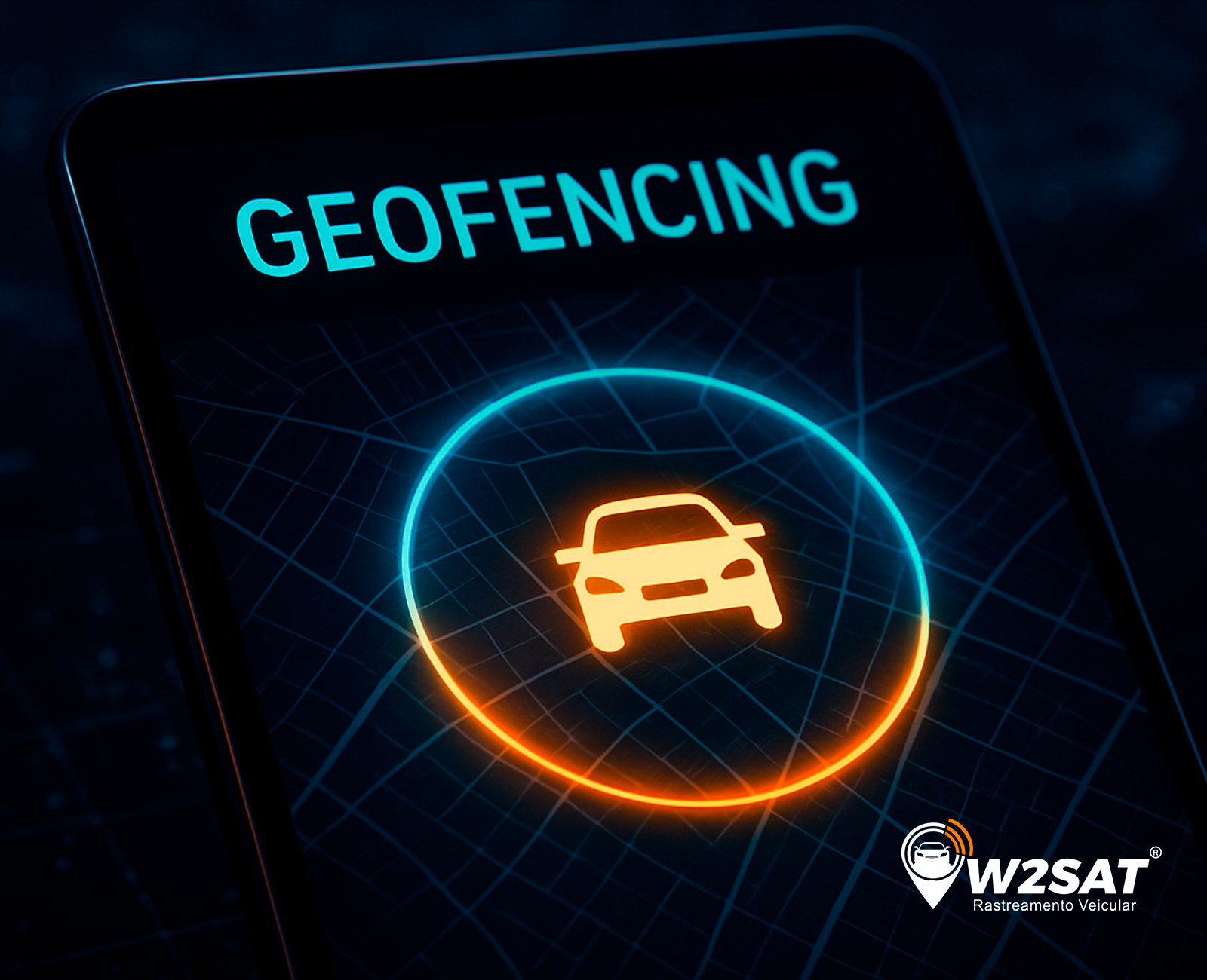 Tecnologia de cercas virtuais para rastreamento veicular mostrada em smartphone com geofencing