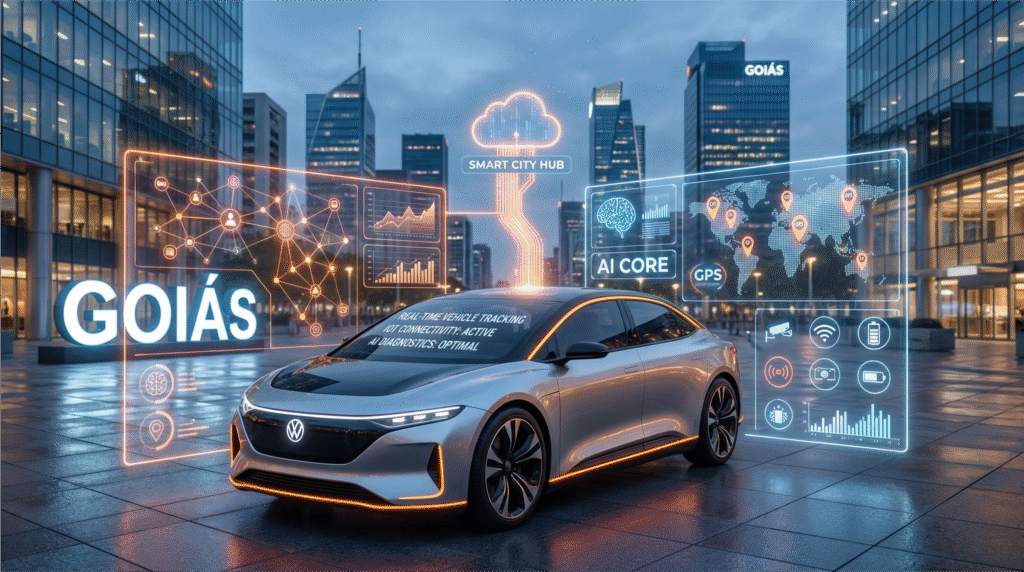 Carro moderno com IA e IoT no rastreamento veicular mostrando dados holográficos em Goiás