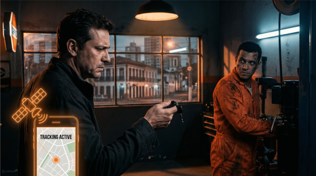 Proprietário de carro entregando chaves com apropriação indébita de veículos e rastreamento W2SAT ativo