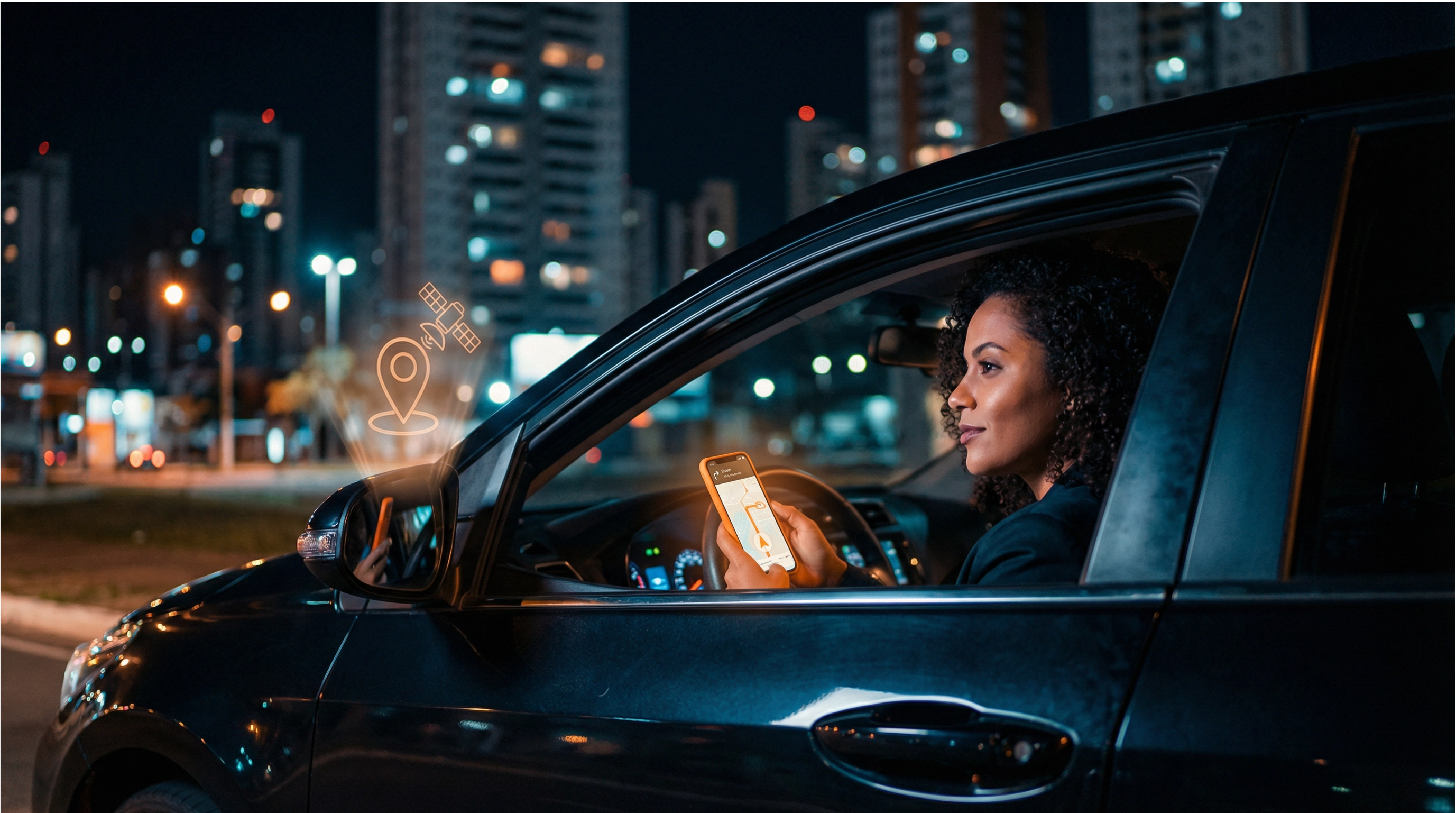 Mulher no carro à noite usando app de rastreamento veicular para segurança com ícone GPS laranja em Goiânia