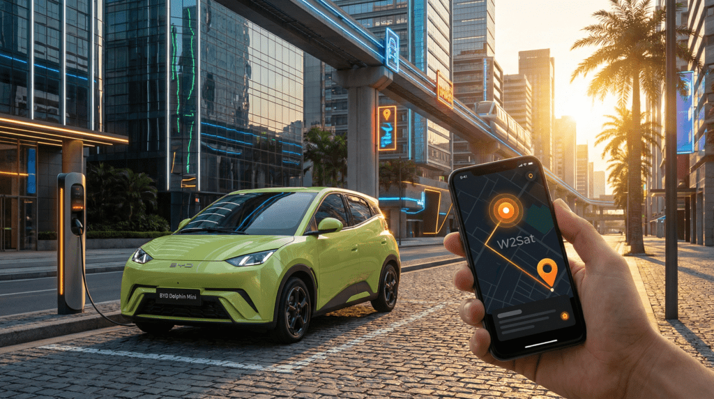 BYD Dolphin Mini 2025 sendo monitorado por rastreamento veicular carro elétrico com app W2Sat em ambiente urbano tecnológico