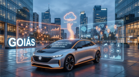 Carro moderno com IA e IoT no rastreamento veicular mostrando dados holográficos em Goiás