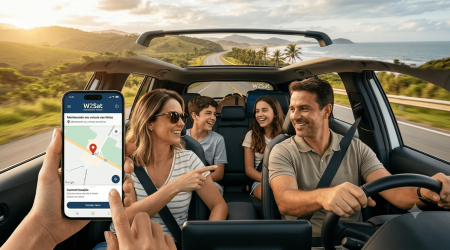 Família feliz viajando de carro em estrada litorânea com pessoa segurando smartphone exibindo aplicativo de rastreamento veicular W2Sat